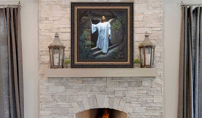 A serene fireplace adorned with a painting, symbolizing comfort and reflection in Christian bereavement.