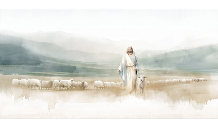 A serene painting depicting Jesus walking among sheep, symbolizing guidance and care, relevant for October General Conference.