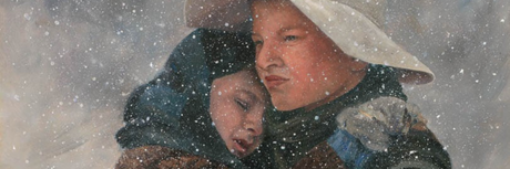 Painting of LDS pioneer James Kirkwood carrying his little brother through the snow. Text reads: "Help Children Relate to Pioneers Through Art: Come Follow Me 2021".