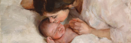 Painting of Mary kissing infant Jesus. Text reads: "18 Gallery-Quality Nativity Paintings".