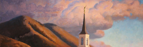 Painting of the Star Valley Wyoming Temple by Rex Price. Text reads: "Snapshot of History: 7 Professional Pictures of the Star Valley Temple". 