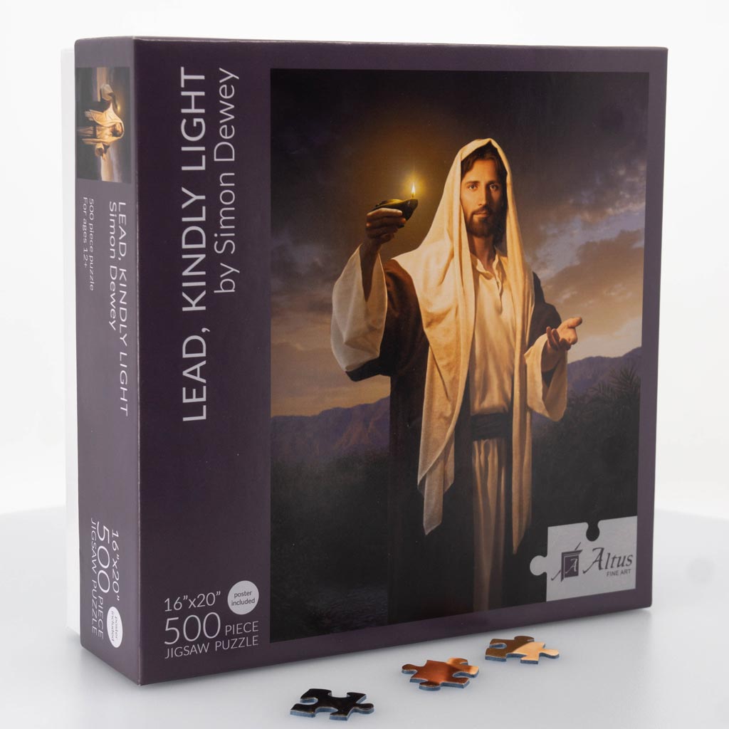 An LDS Art Puzzle featuring Jesus holding a light, symbolizing hope and guidance in a beautifully crafted design.