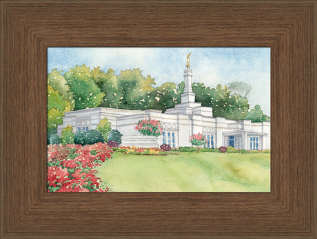 Watercolor painting of the Birmingham Alabama Temple with blue skies.