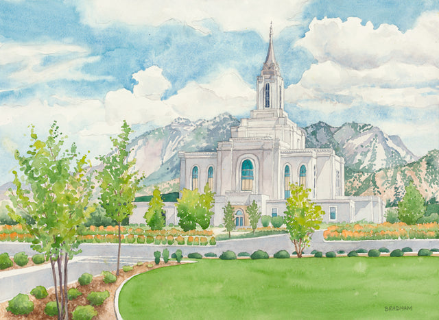 A watercolor painting of the Orem Utah Temple.