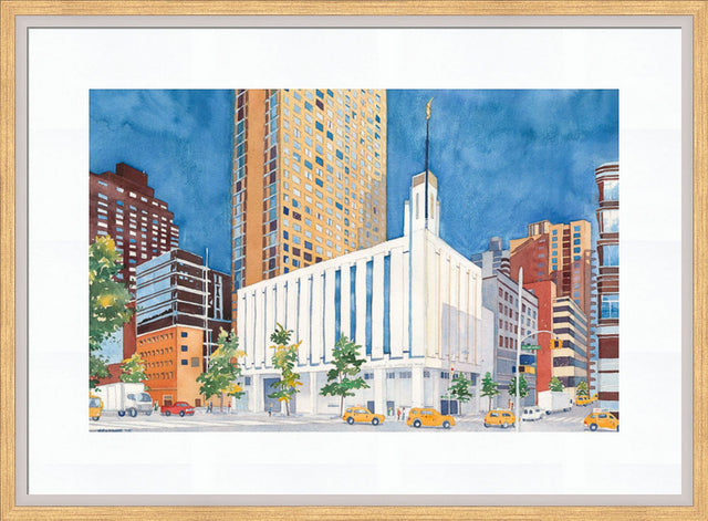 Watercolor painting of the Manhattan New York Temple surrounded by city.