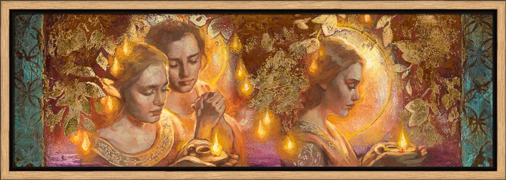 Women holding lamps surrounded by gold leaves.