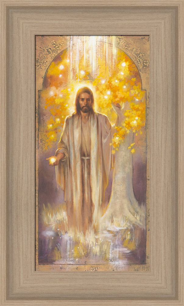 Jesus standing in front of the tree of life, holding the fruit of the tree. Art 13