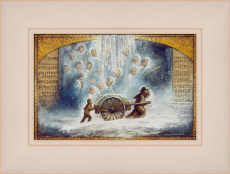 Pioneers push handcart in the snow with the help of angels.  Art 6