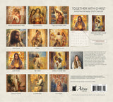 Back cover of ‘Together With Christ’ 2025 calendar showcasing various paintings such as ‘Angels Round About Thee,’ ‘First Blossom,’ ‘Light of Life,’ and more, depicting Jesus and scenes of love, family, and guidance.