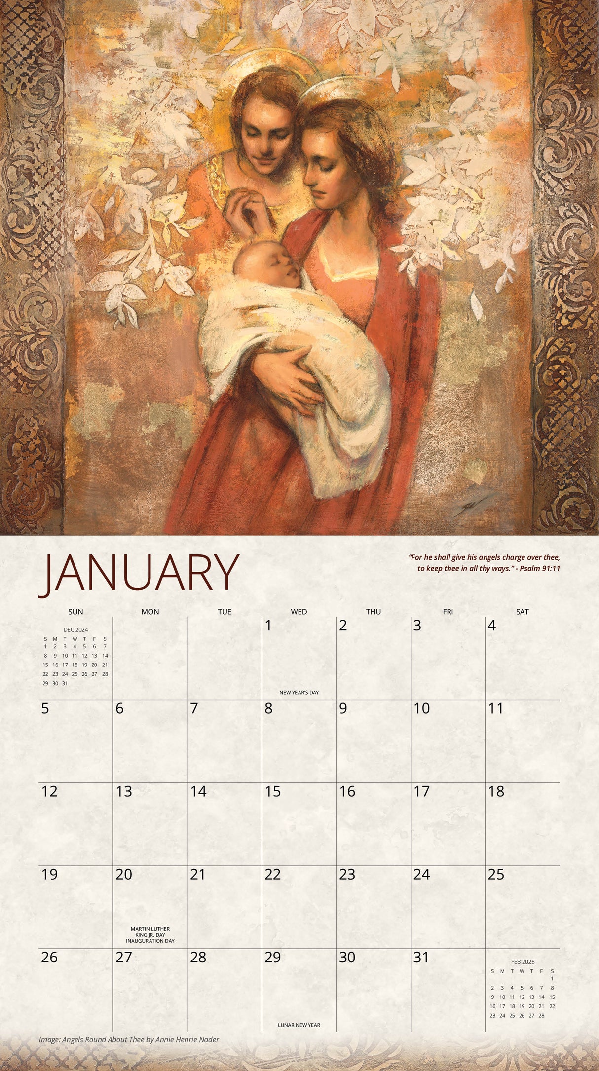 January 2025 calendar page from ‘Together With Christ’ featuring two women with halos holding a baby, surrounded by foliage and intricate borders.