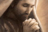 Monotone close up portrait of Jesus in prayer