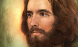 Close up of Jesus face with content gaze with background, left side, colored yello