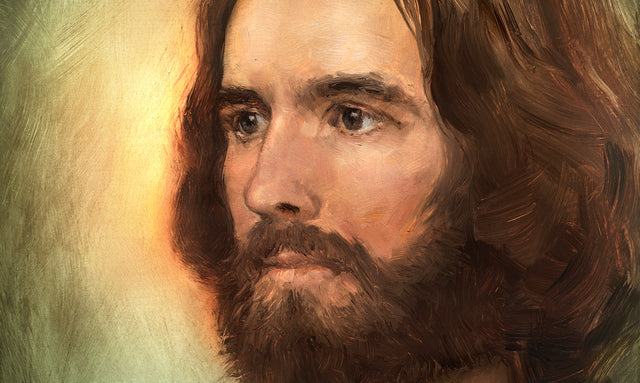 Close up of Jesus face with content gaze with background, left side, colored yello