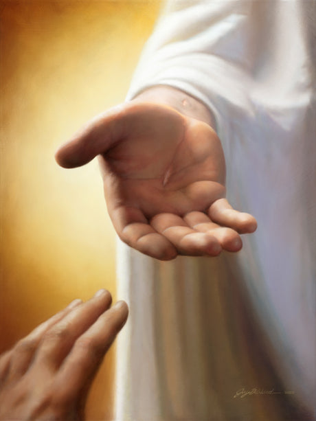 Disciples hand reaching for the hand of Jesus with nail marks visible in his hand