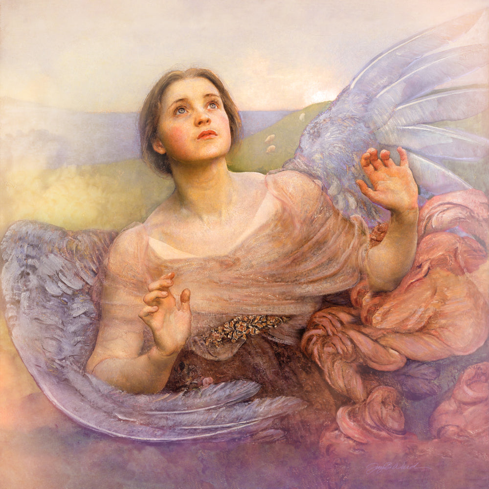 LDS art painting of an angel looking up toward Heaven.