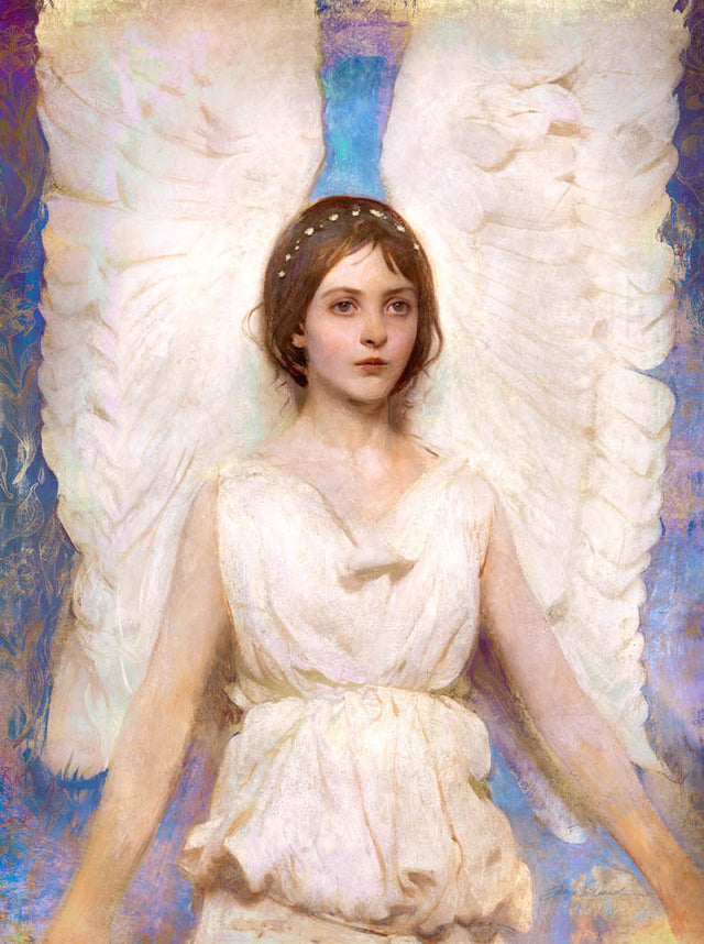 LDS art painting of a young angel girl with enormous wings based off the classic work of Abbot Henderson Thayer.