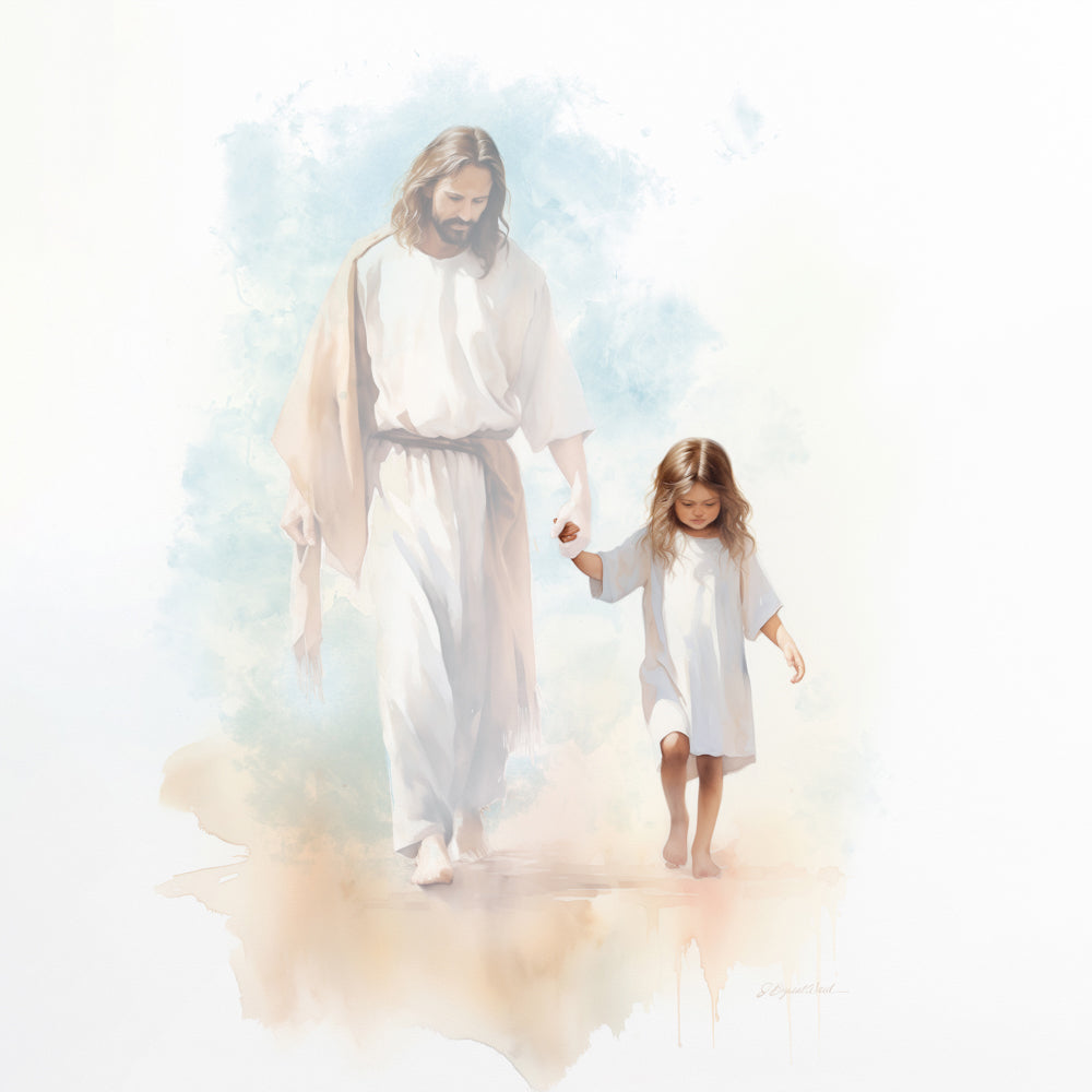 Jesus Christ walking with a little girl.