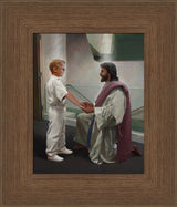 Boy dressed in white in front of a baptismal font with Jesus holding her hands. Art 8