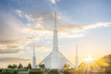 The Boise Idaho Temple with the sunrise.