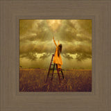 LDS art image of a girls standing on a ladder in a field, reaching up toward Heaven. Light and shines down on her.