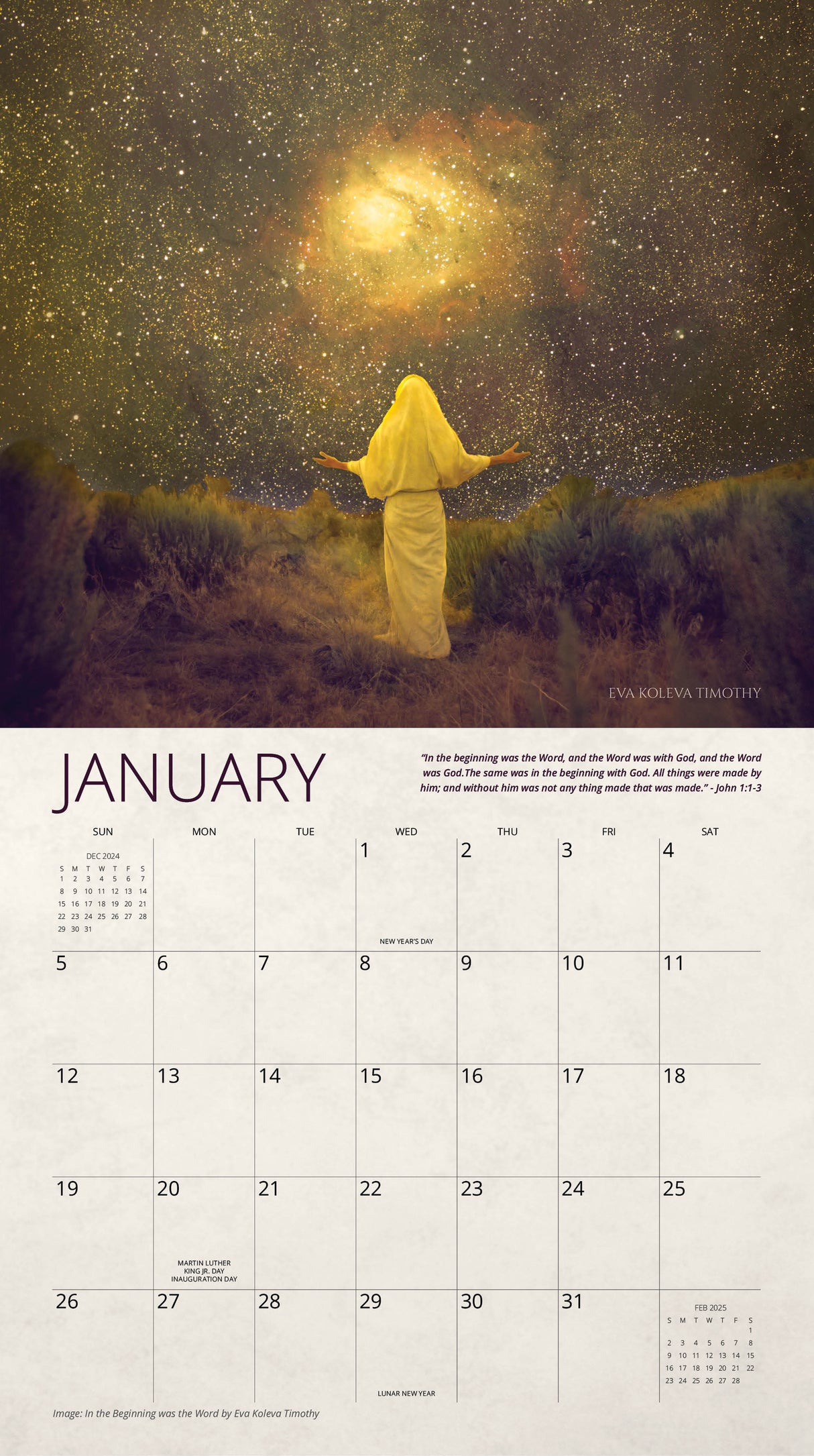 January page of ‘For The Joy’ 2025 calendar depicting a figure in a white robe standing under a star-filled sky.