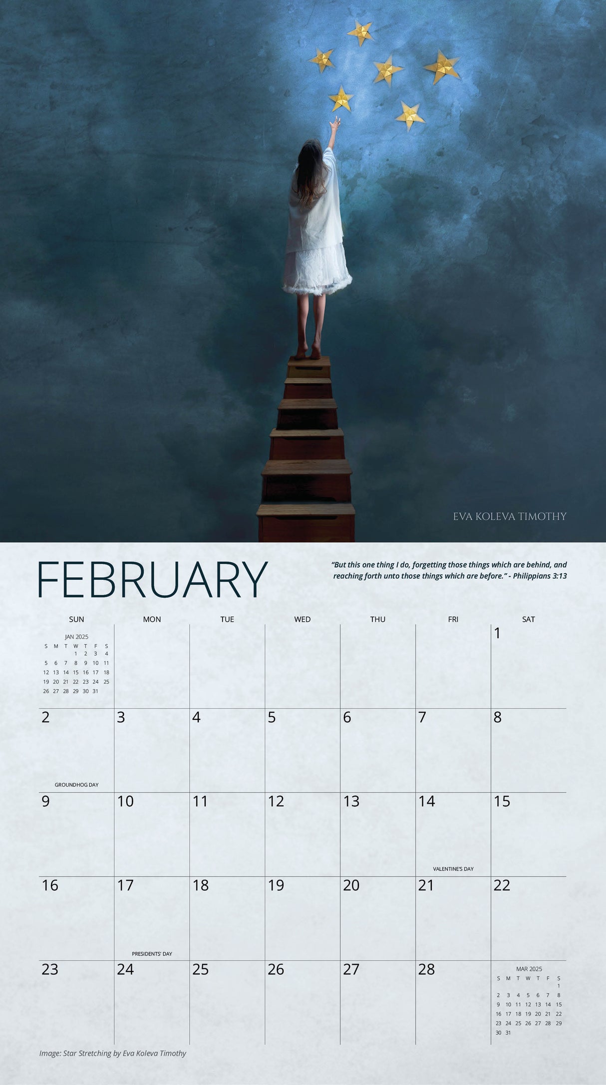 February page of ‘For The Joy’ 2025 calendar Timothy featuring a woman reaching for stars on a ladder