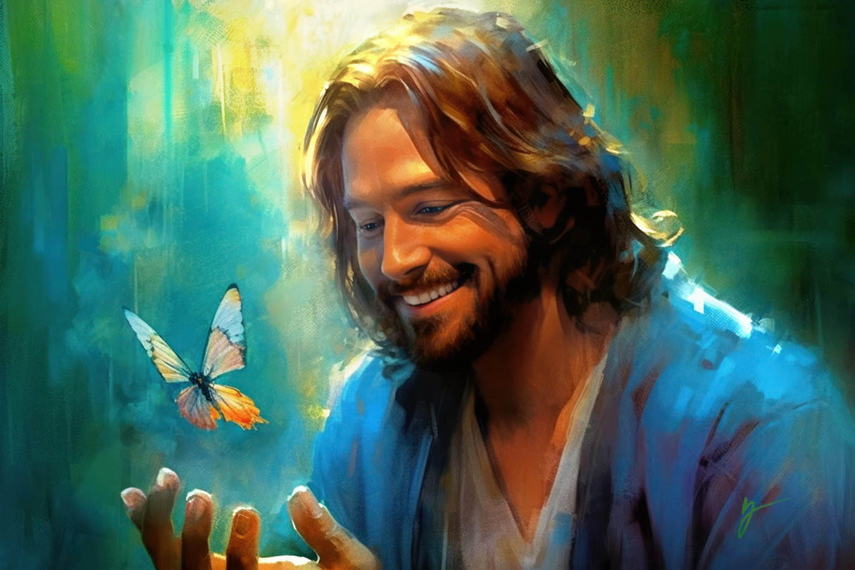 Jesus Christ smiling with a butterfly.