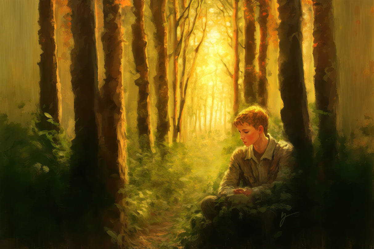 Joseph Smith praying in the Sacred Grove.