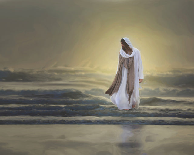 Jesus walking calmly across ocean waves.