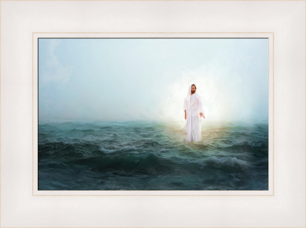 Jesus walking across a stormy sea.