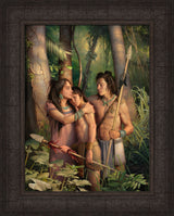 A mother comforting her two young warriors sons in the jungle. Art 16