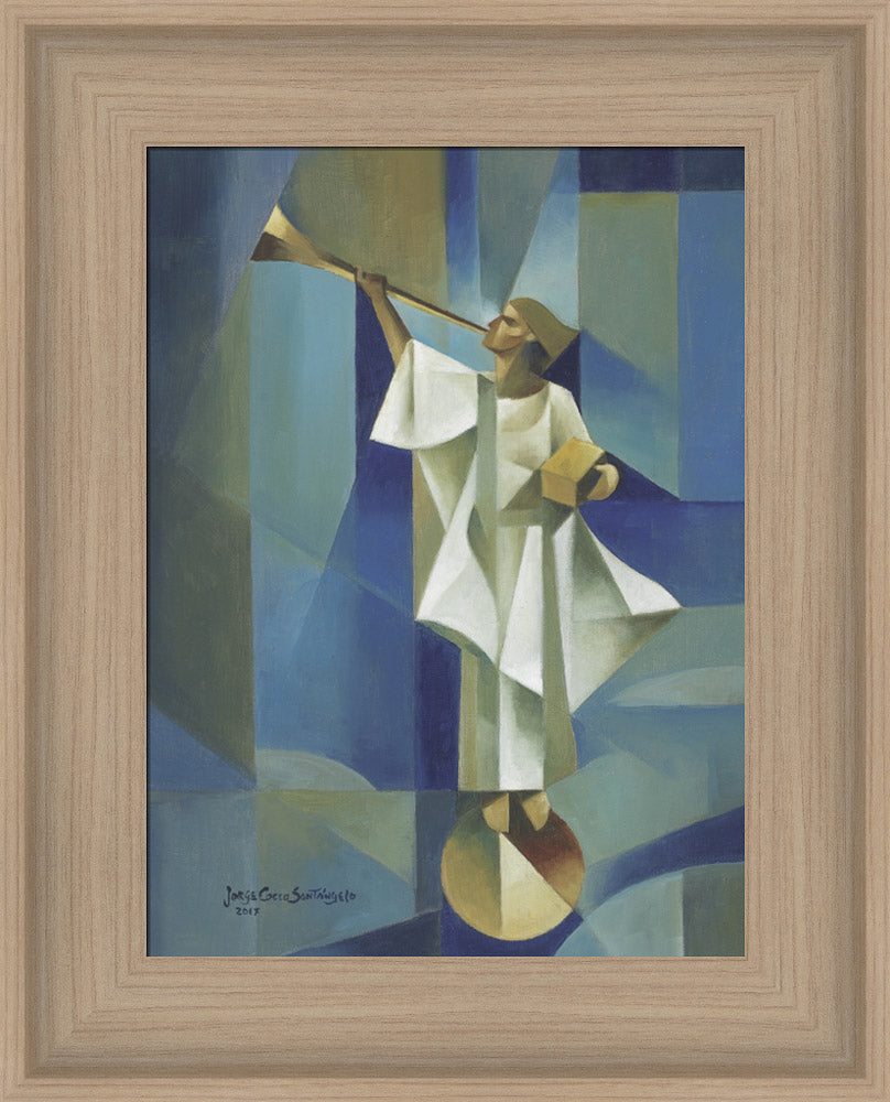 Angel Moroni stands on a circular structure holding trumpet and gold plates. Art 20