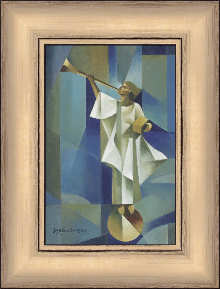 Angel Moroni stands on a circular structure holding trumpet and gold plates. Art 21