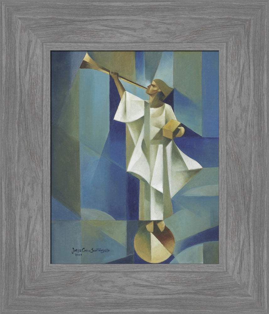 Angel Moroni stands on a circular structure holding trumpet and gold plates. Art 19