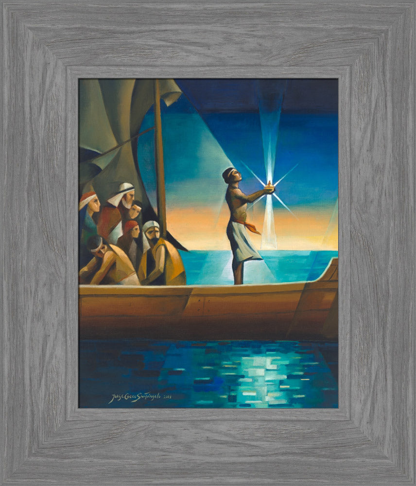 Bright colors: Nephi stands in a ship holding the glowing Liahona. Art 10