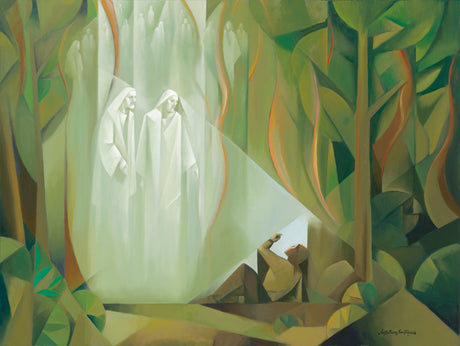 Joseph Smith having a vision of two personages in the Sacred Grove.