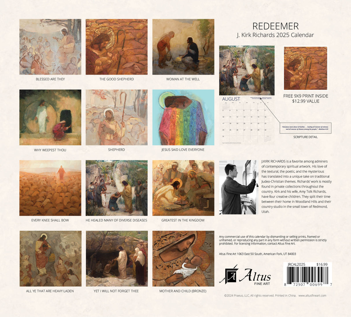 Back cover of the ‘Redeemer’ 2025 calendar by J. Kirk Richards featuring diverse, expressive Christian-themed artworks