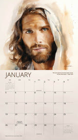 January page of the ‘Gentle Savior’ 2025 calendar showcasing a detailed watercolor painting of Christ’s compassionate face.