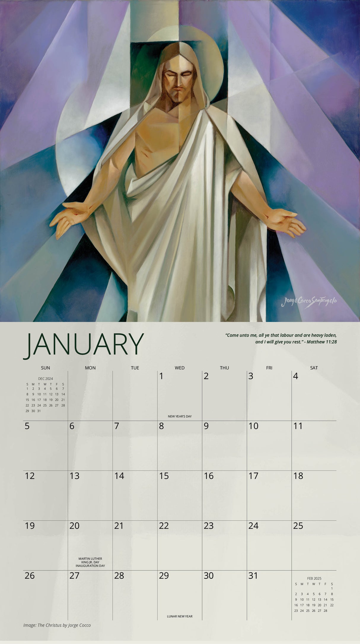 January page of ‘Christ Divine’ 2025 calendar showcasing a geometric portrayal of Christ with scripture from Matthew 11:28.