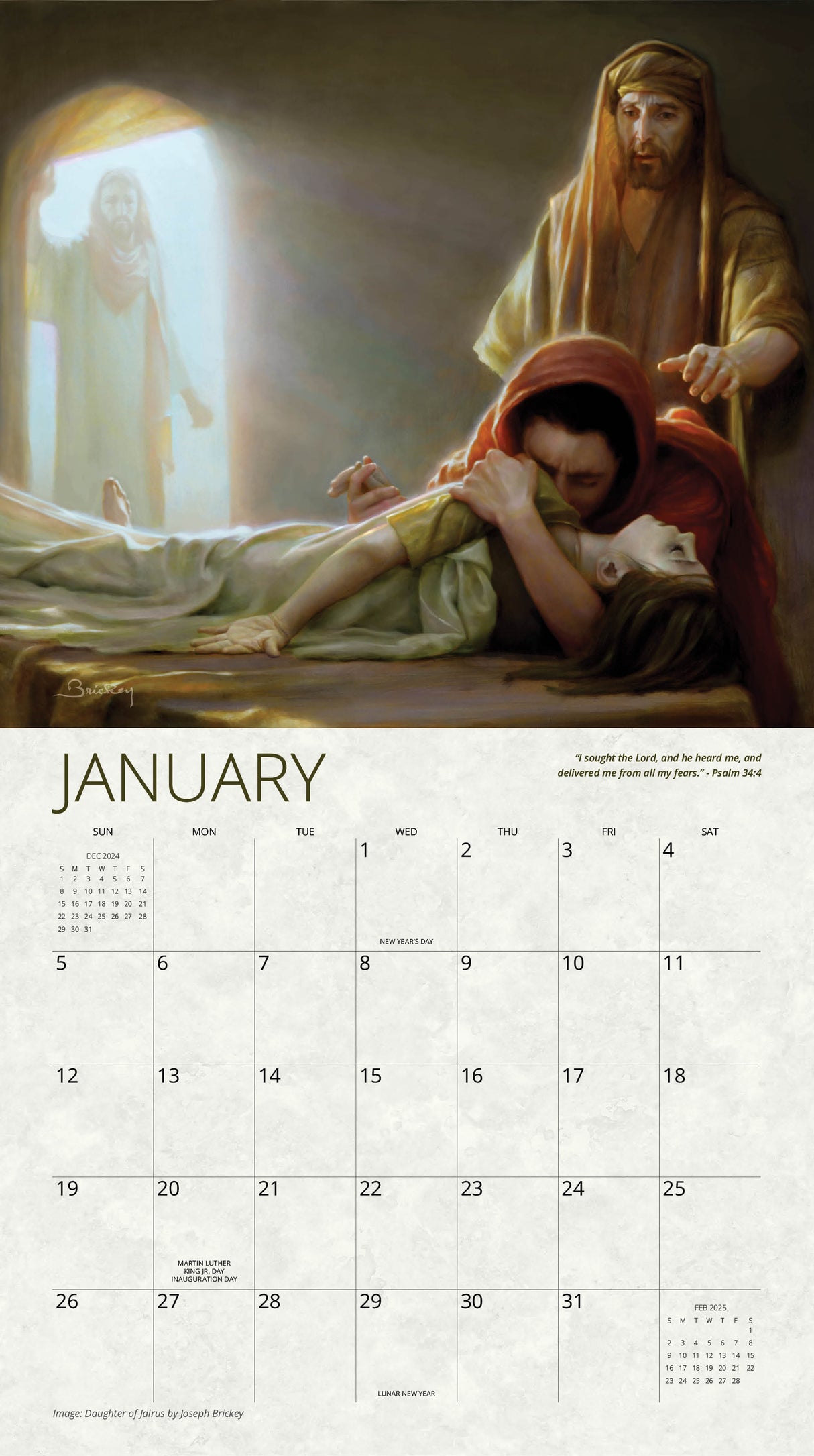 January 2025 calendar page featuring painting ‘Daughter of Jairus’ depicting Jesus entering a room to perform a healing, surrounded by distressed parents and a young girl.