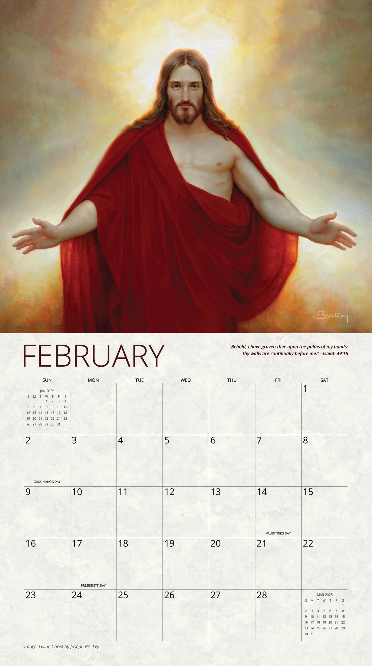 February 2025 calendar page featuring artwork ‘Living Christ,’ depicting Jesus with outstretched arms and radiant light.