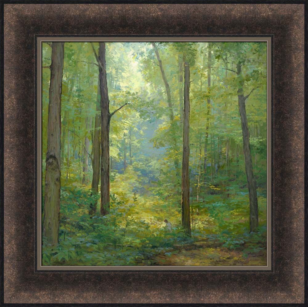 Joseph Smith kneeling in a grove of trees with a beam of light shining on him. Art 24