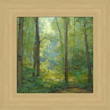 Joseph Smith kneeling in a grove of trees with a beam of light shining on him. Art 22