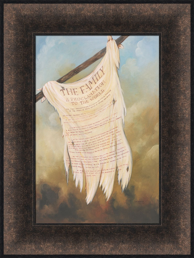 Title of liberty flag from the book of mormon with the Family Proclamation on it. Art 13