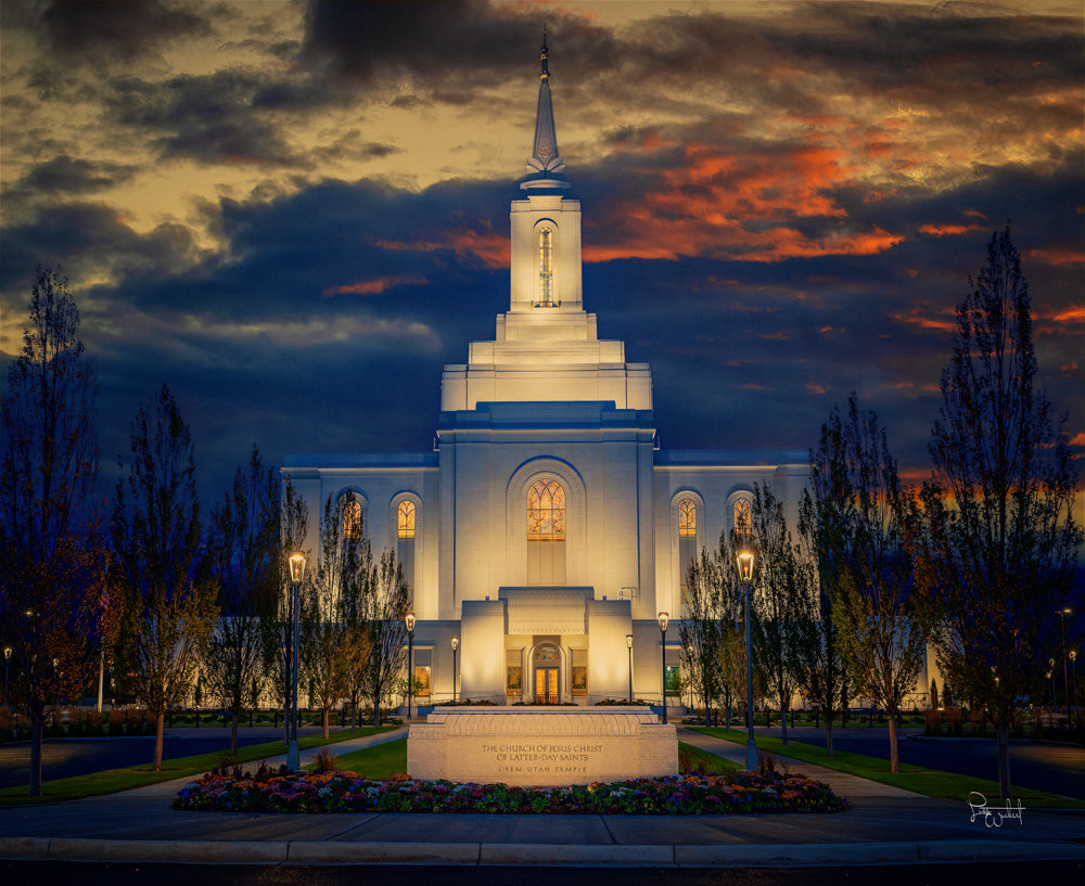 The Orem Utah temple at night.