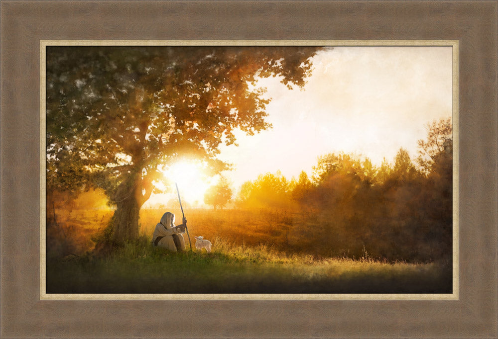 Jesus is the Good Shepherd sitting under tree with a lamb. Art 13