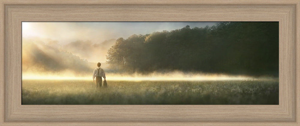 Young Joseph Smith walking towards a grove of trees. art 20