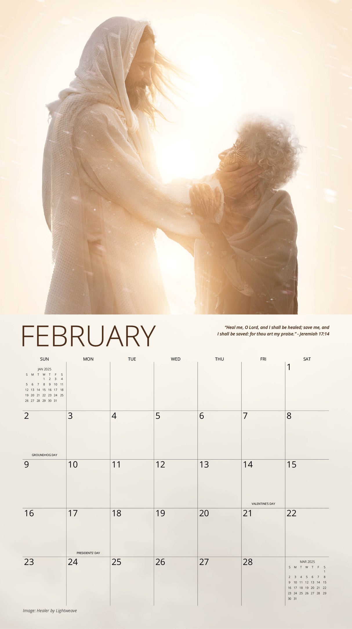 February calendar page with a serene image of a compassionate figure in robes gently holding an elderly woman in warm light.