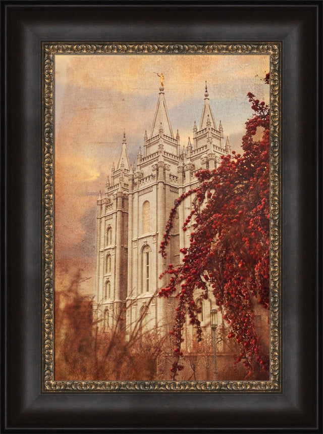 Salt Lake Utah Temple red leaves in autumn.