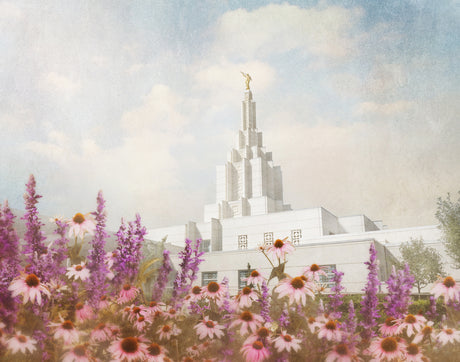 The Idaho Falls Idaho Temple with purple flowers.